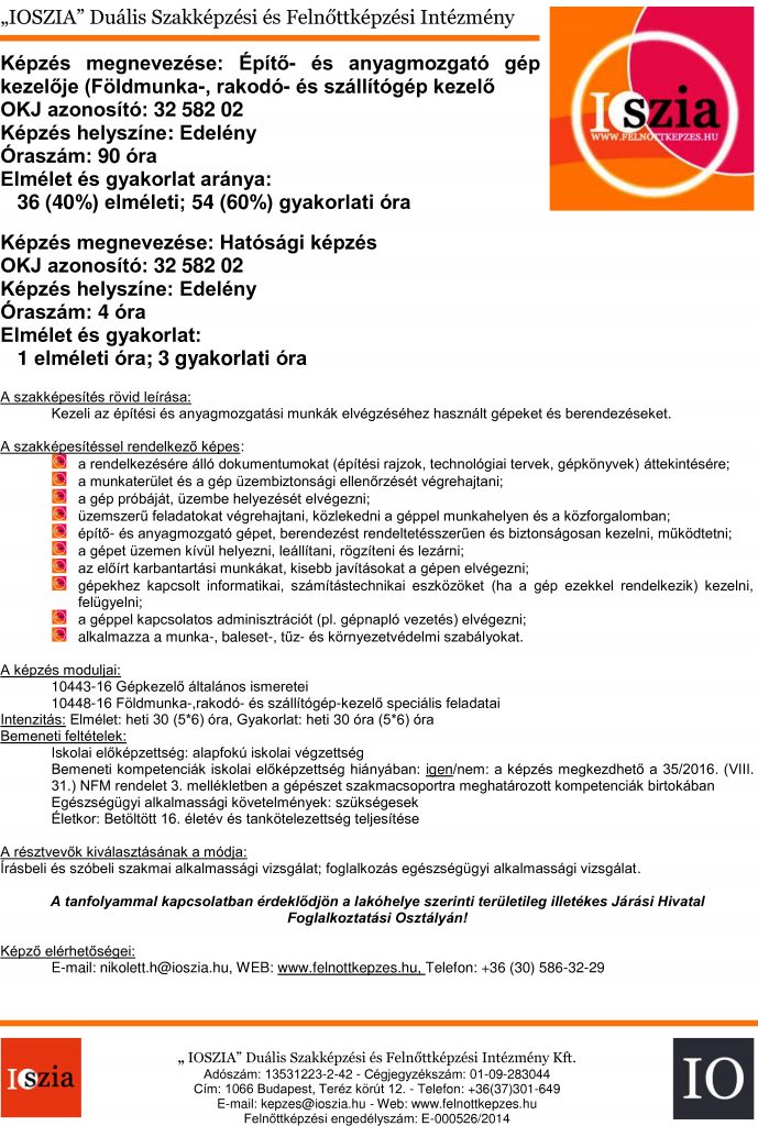 Építő- és anyagmozgató gép kezelője földmunka - Edelény IOSZIA felnottkepzes.hu